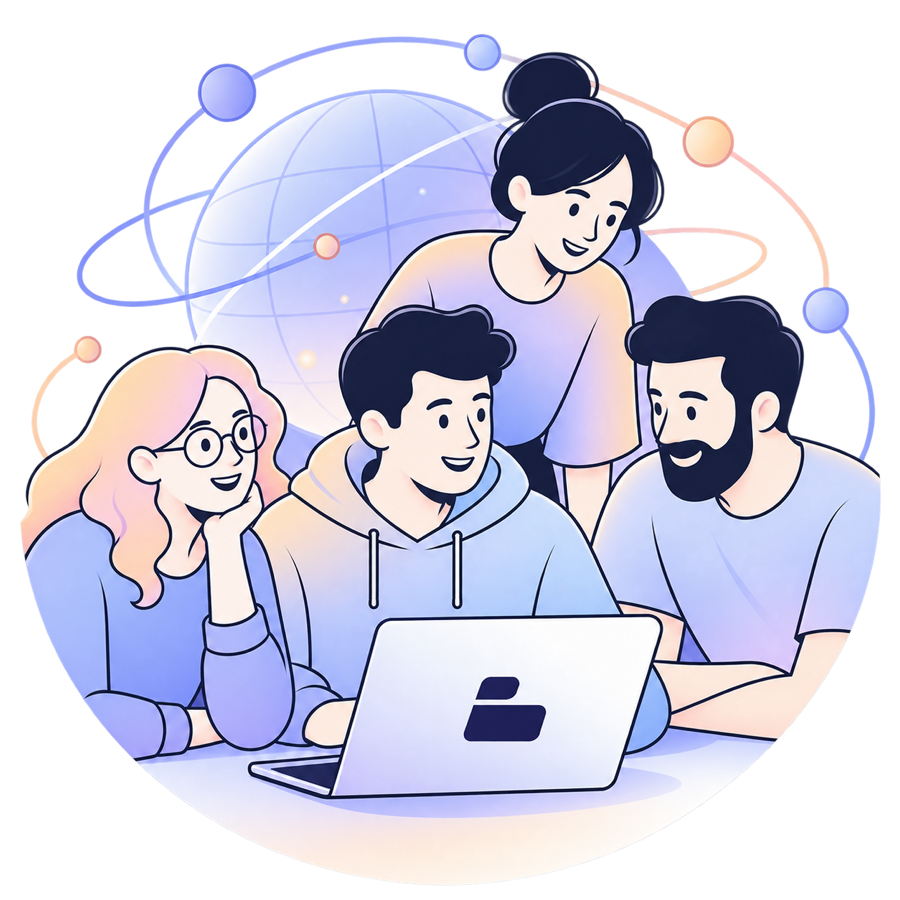 The Bringits team gathered around a laptop, discussing web data against a backdrop of a connected global network